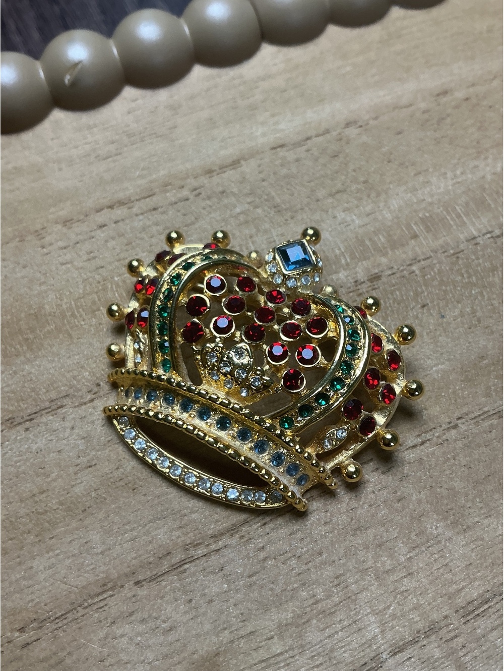 Kenneth Jay Lane Vintage Gold Tone Crown Brooch with Multicolor Rhinestones